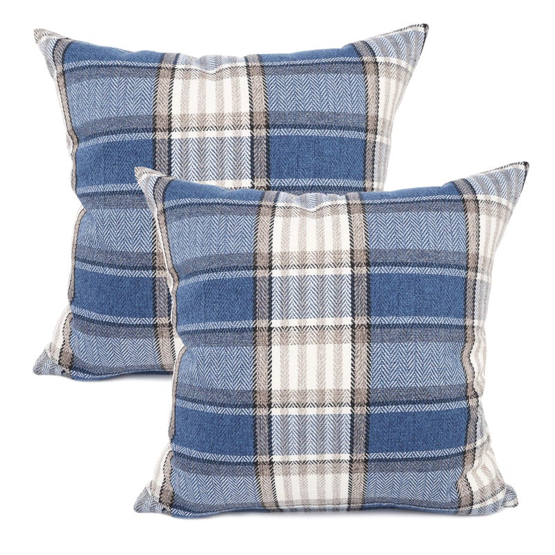 YOUR SMILE Set of 2 Retro Farmhouse Outdoor/Indoor Buffalo Tartan Chequer Stripe Plaid Cotton Linen Decorative Throw Pillow Case Cushion Cover Pillowcase for Sofa Chair,Navy Blue, 22x22 inch - Image 1